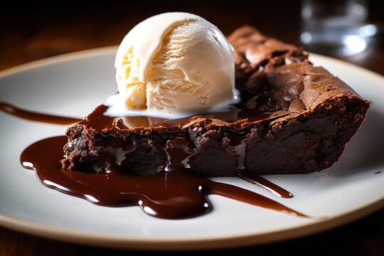Luscious Brownie with ice cream and chocolate sauce served on white plate. AI Generated