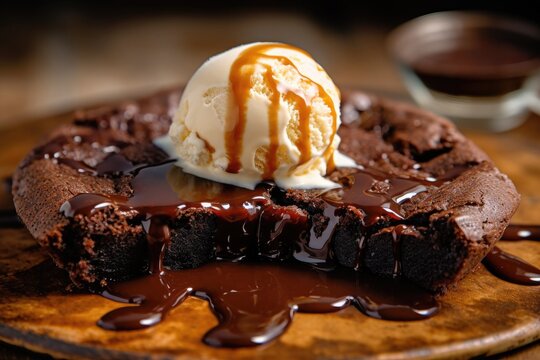 Luscious Brownie Ala Mode served with ice cream, caramel and chocolate sauce. AI Generated