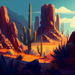 Desert african nature landscape with a cacti, rocks under night sky. Cartoon illustration. Generative AI.