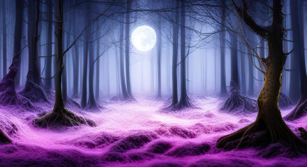 A path through a purple mystery forest in winter with moon generative ai illustration