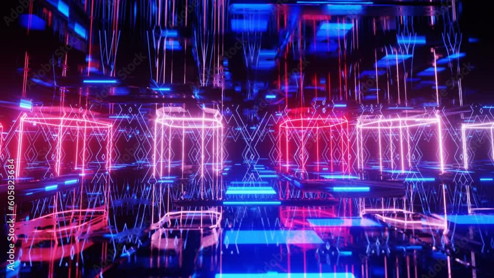 Poster hi-tech neon sci-fi tunel with hologram. trendy neon glow lines form pattern and construction in mir