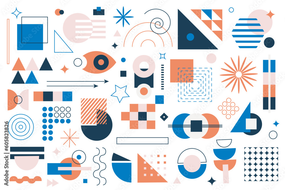 Aufkleber geometric shapes mega set graphic elements in flat design. bundle of squares, curl lines, circles, s