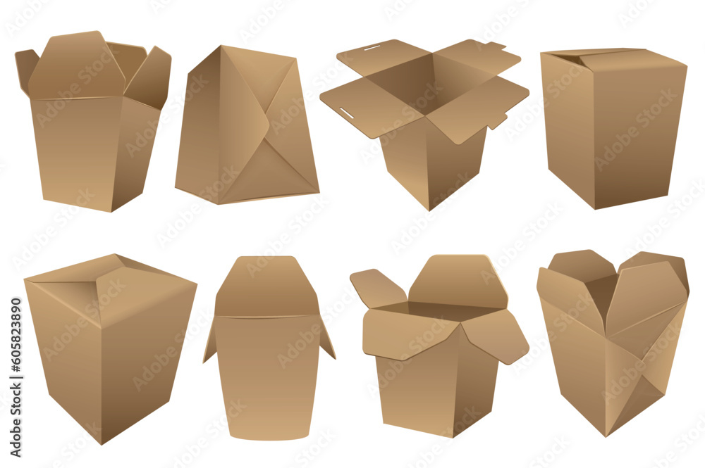 Aufkleber realistic box mega set graphic elements in flat design. bundle of opened and closed cardboard box mo