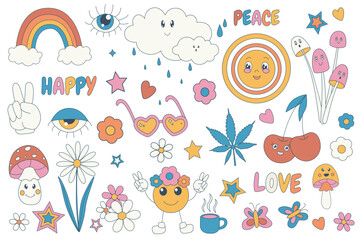 Groovy hippie 70s mega set graphic elements in flat design. Bundle of peace, love, happy, rainbow, psychedelic mushrooms, flowers, leaves, butterflies and other. Vector illustration isolated objects