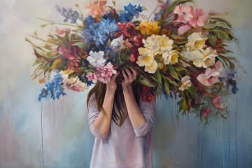 abstract oil painting of a female holding a large bouquet of summer flowers covering her face. Generative AI 