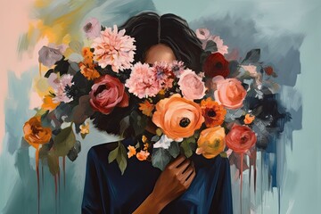 abstract oil painting of a female holding a large bouquet of summer flowers covering her face. Generative AI  - obrazy, fototapety, plakaty