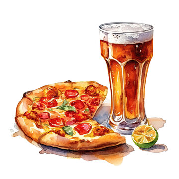watercolor drawing of fast food. striped glass with a drink and pizza on a transparent background. Ai generative.