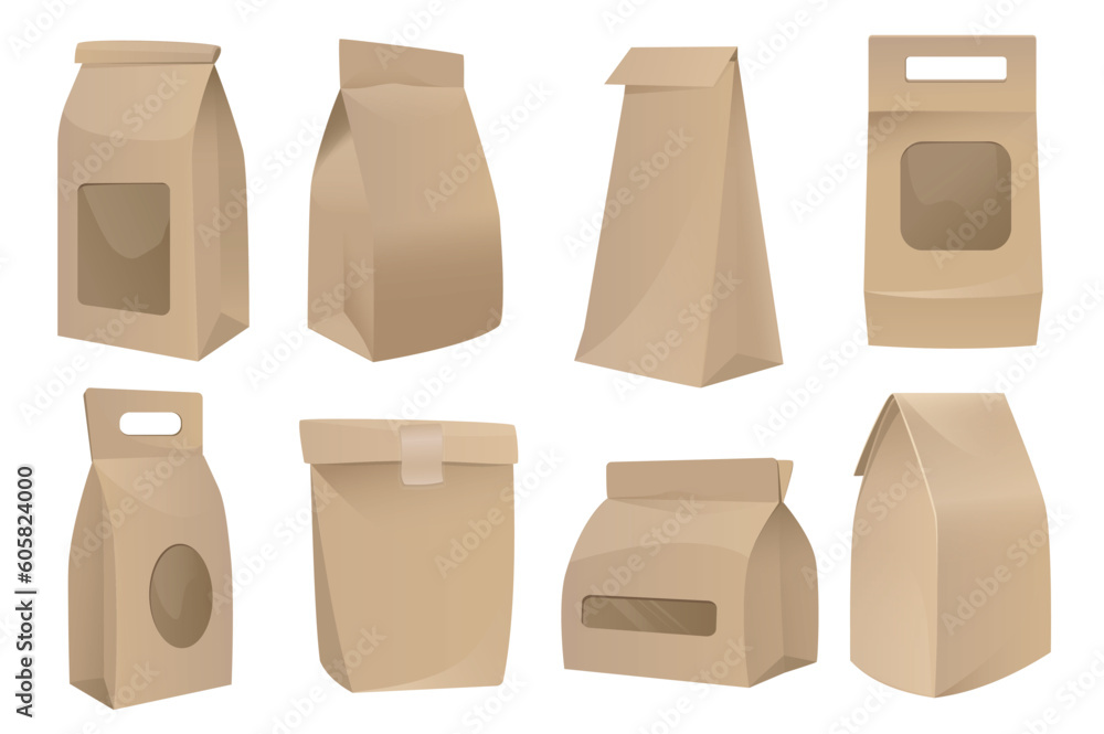 Aufkleber Realistic packages mega set graphic elements in flat design. Bundle of closed paper bag mockups in different view for packaging coffee, tea and takeaway food. Vector illustration isolated objects