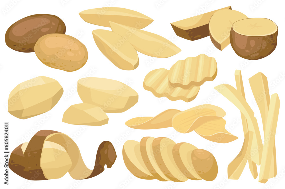 Poster realistic potato mega set graphic elements in flat design. bundle of raw whole root crops and sliced