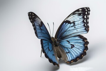 A solitary blue butterfly in flight against a white background. Generative AI