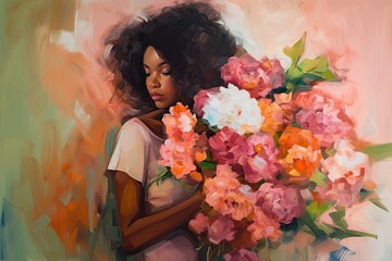 abstract oil painting of a young woman holding a large bouquet of summer flowers, generative AI