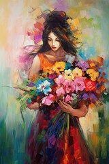 abstract oil painting of a young woman holding a large bouquet of summer flowers, generative AI