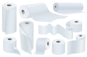 Toilet paper mega set graphic elements in flat design. Bundle of white paper rolls mockups with wave tape of hygienic wipes, kitchen towels or washroom accessory. Vector illustration isolated objects