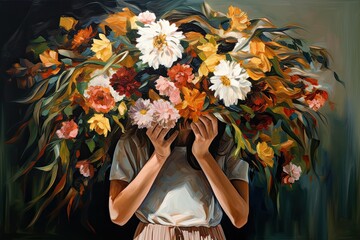 Obraz na płótnie Canvas abstract oil painting of a female holding a large bouquet of summer flowers covering her face. Generative AI 