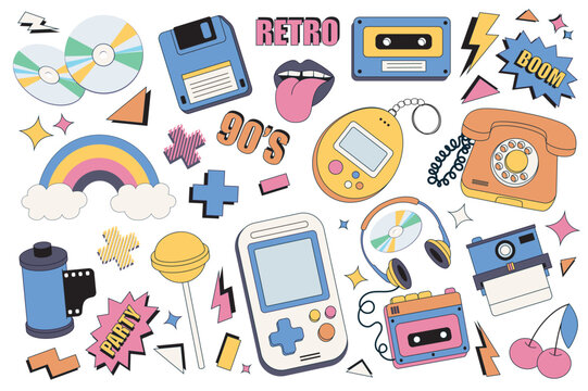 90s retro style mega set graphic elements in flat design. Bundle of music discs, floppy disk, mouth with tongue, cassette, toys and devices, rainbow, candy, other. Vector illustration isolated objects