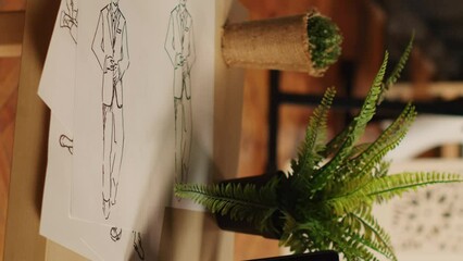 Vertical video Sewing shop with clothes sketches and fashion items on papers, handmade textile industry atelier with tools. Empty workshop with drawings for tailored custom made clothing. Close up.