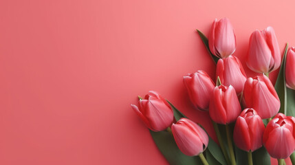 Bouquet of tulips on red pink background with copy space for text. Top view, mockup, flat lay composition, blog, website, social, Generative AI