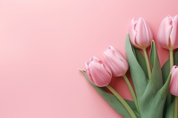 Bouquet of tulips on pink background with copy space for text. Top view, mockup, flat lay composition, blog, website, social, Generative AI