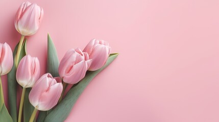 Obraz premium Bouquet of tulips on pink background with copy space for text. Top view, mockup, flat lay composition, blog, website, social, Generative AI