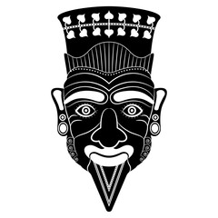 Head of Harun. Ancient Etruscan mythology. Ethnic mask. Vase painting design. Portrait of a wrinkled man with Goatee beard. Black and white negative silhouette.