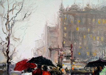 Street and people under umbrellas in the rain. Loving couple in red. Oil painting on canvas.