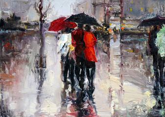Street and people under umbrellas in the rain. Loving couple in red. Oil painting on canvas.