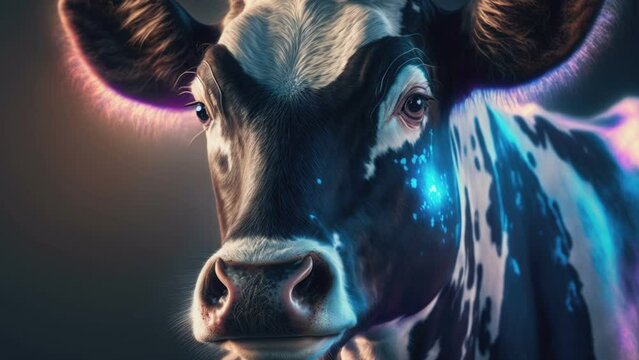 The closer look of the white spotted cow with the blue light on the background AI generated
