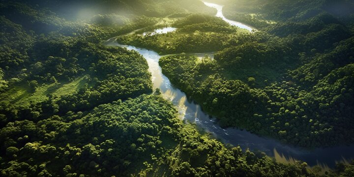 amazonas rainforest, tropical river landscape, fictional landscape created with generative ai