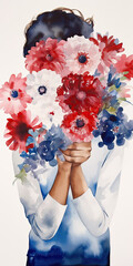 abstract water color of a young female holding a red, white and blue bouquet of summer  flowers for a fourth of july celebration , generative AI