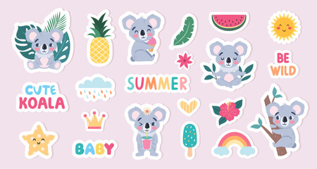 Cute summer cartoon stickers with koalas and inscriptions. Vector illustration. 