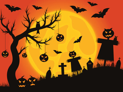 Happy Halloween vector ornament background including trees and pumpkin