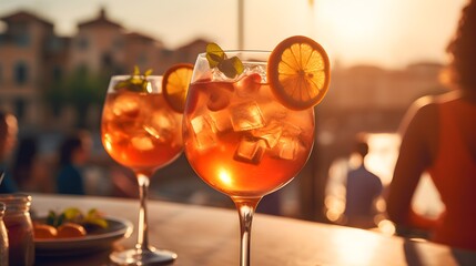 aperol spritz summer drink in glass with tropical background and splash