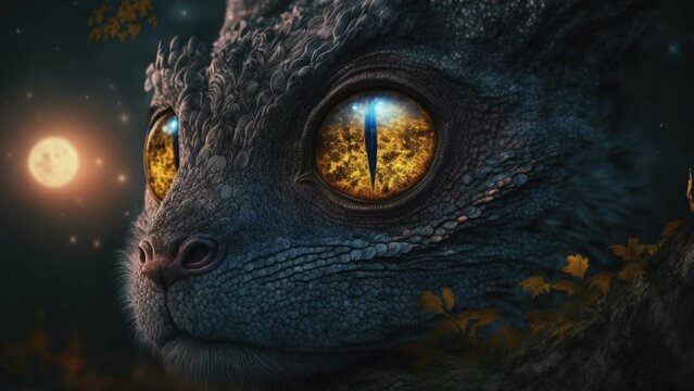 The big yellow eyes of the baby dragon as seen on a closer look AI generated