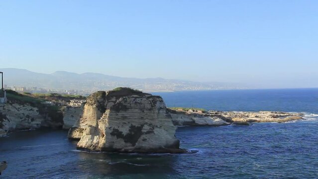 Beautiful view of the Pigeon Rocks on the promenade in the center of Beirut, Lebanon