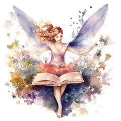 Cute fairy reading book on stack of books, watercolor hand draw illustrartion  can be used for kid poster or card, on transparent background. Ai generative. © Juan