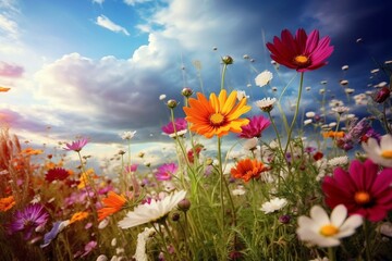 Fototapeta premium Flowers on a field with sun, Illustration of flower meadow in spring, color splash. Generative AI