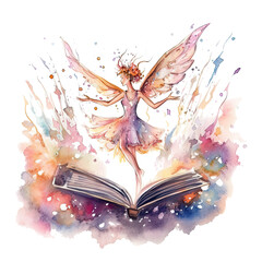 Cute fairy reading book on stack of books, watercolor hand draw illustrartion; can be used for kid poster or card, on transparent background. Ai generative.