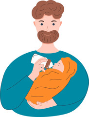 Dad holds baby in his arms and bottle feeds, isolated vector illustration