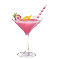 Cocktail glass fresh juicy pink or alcoholic Cosmopolitan. Strawberry, lemon, ice, straw. Hand drawn watercolor illustration isolated on white background. For bar restaurant menu