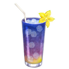 Cocktail glass purple blue fresh juice or alcoholic. Ice, straw, carambola. Hand drawn watercolor illustration isolated on white background. For bar restaurant menu