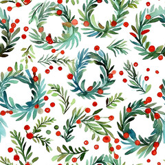 Watercolor hand drawing seamless pattern of different Christmas wreath isolated on white background. Generative AI.
