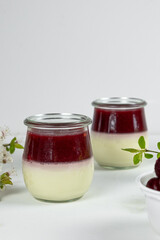 Milk cherry panna cotta, vertical photo