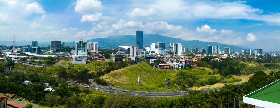 Beautiful aerial view of the Sabana, San Jose, Costa Rica. San Jose Costa rica capital city street view with mountains in the background.