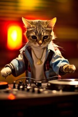 A crazy cat who is a DJ live set and mixing music on turntable console at stage in the night club. Generative AI