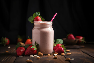 Delicious milkshake with ripe strawberries in a glass jar with a tube on dark background. Berry pink milkshake on a wooden table with berries. Generative AI professional photo imitation.