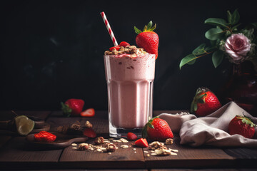 Delicious milkshake with ripe strawberries and nuts in a glass jar with a tube. Berry pink milkshake on a wooden table with berries. Generative AI professional photo imitation.
