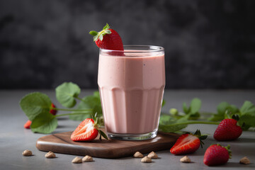 Delicious fluffy foam milkshake with ripe strawberries in a glass. Berry pink milkshake on a wooden table with berries. Generative AI professional photo imitation.