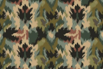 background seamless ethnic ikat military or hunting camouflage pattern in army green forest brown sage and khaki a tileable abstract contemporary camo fashion design texture high reso generative ai