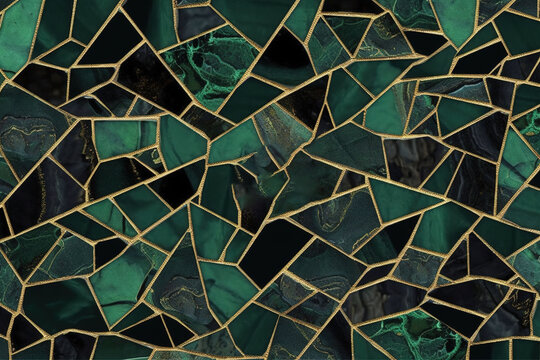 background seamless glossy green and black gold encrusted broken marble mosaic tiles background texture luxury cracked ceramic art deco cobblestone tileable wallpaper pattern high res generative ai