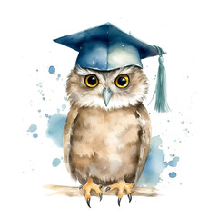 Watercolor Owl wearing a Graduation Cap. Generative AI